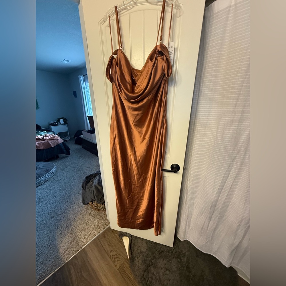 Revelry Sienna Satin Dress in Copper, Regular Maxi Length